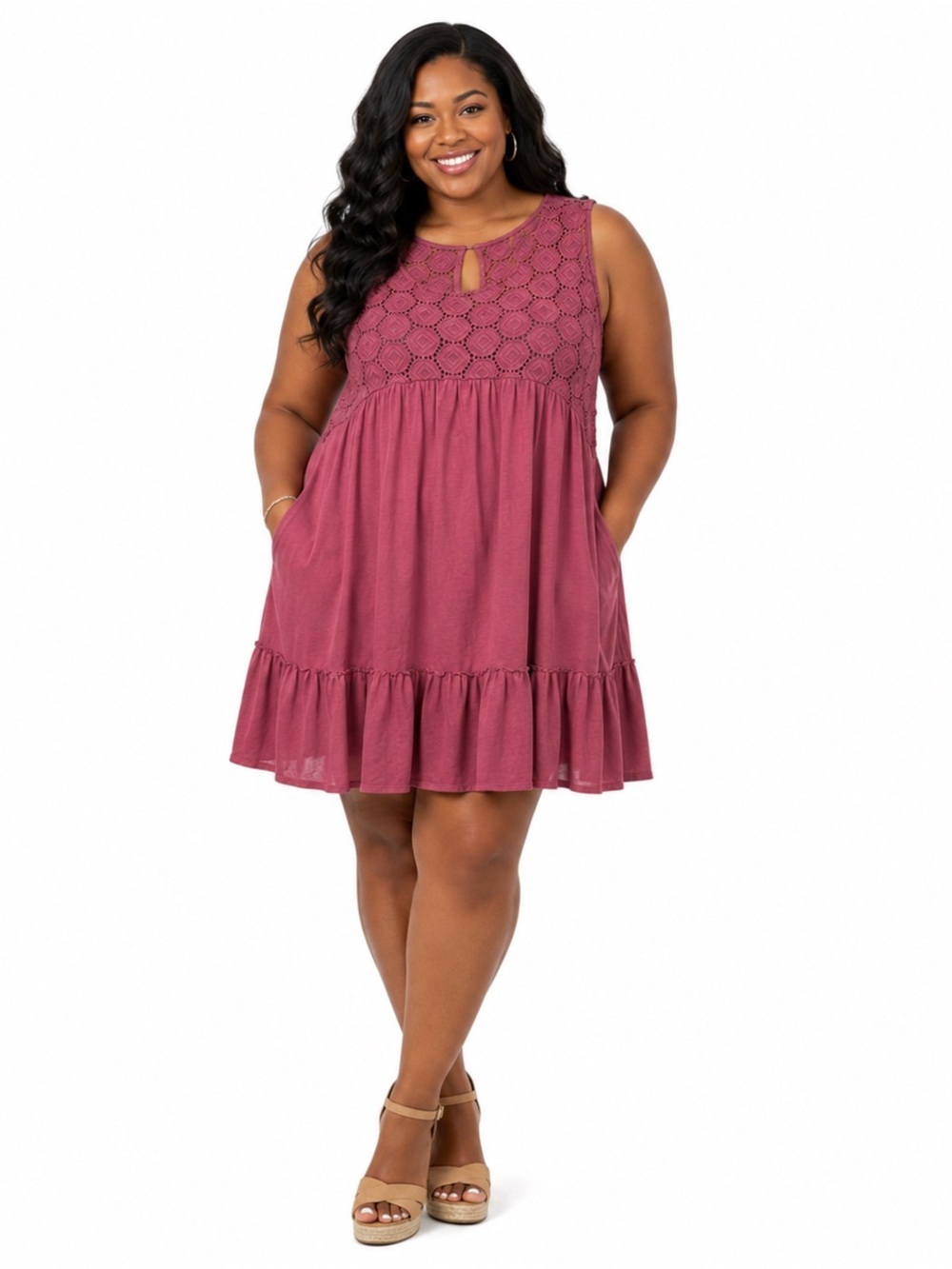 C Est. 1946 Size 18/20 Burgundy Crochet Yoke Knee Length Dress With Pockets